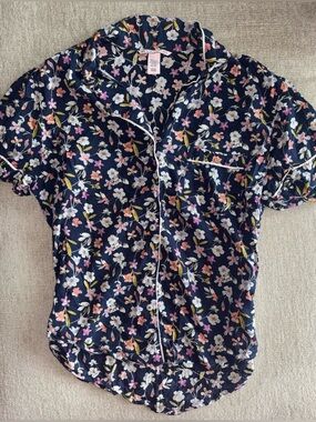Victoria’s Secret Floral Pajama Top Small Navy Button Up Sleepwear Loungewear